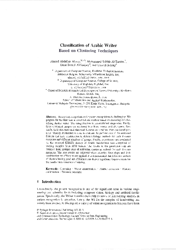 (PDF) Classification of Arabic Writer Based on Clustering Techniques