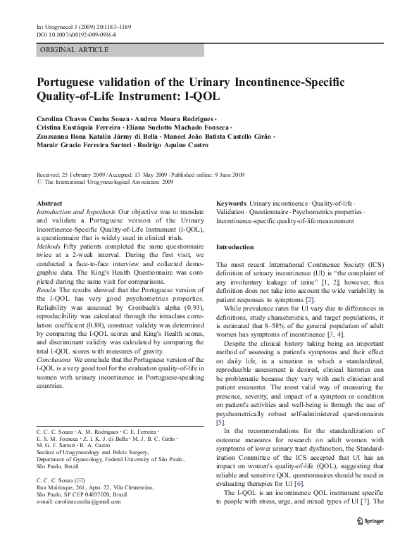 (PDF) Portuguese validation of the Urinary IncontinenceSpecific
