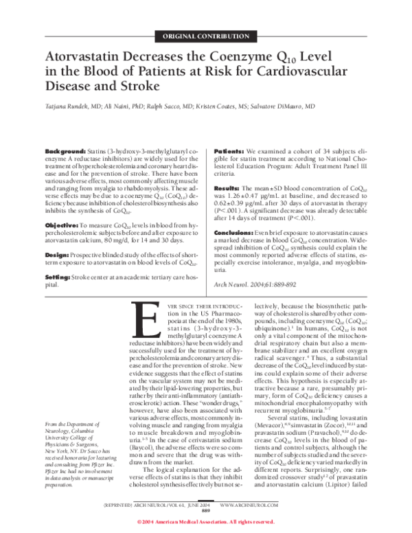 (PDF) Atorvastatin Decreases the Coenzyme Q10 Level in the Blood of