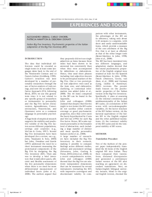 (PDF) Psychometric properties of the Italian adaptation of the Big Five ...