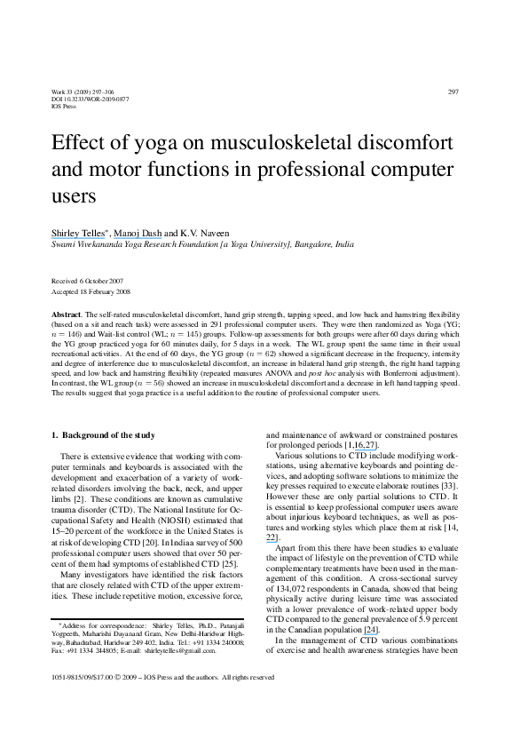 (PDF) Effect of yoga on musculoskeletal discomfort and motor functions ...