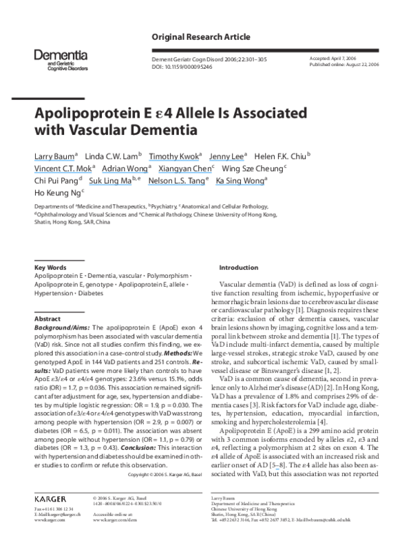 (PDF) Apolipoprotein E &4 Allele Is Associated with Vascular Dementia