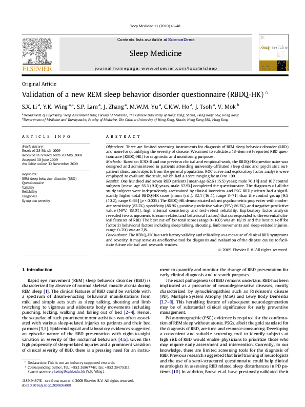 (PDF) Validation of a new REM sleep behavior disorder questionnaire