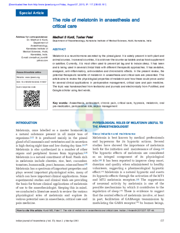 (PDF) The role of melatonin in anaesthesia and critical care
