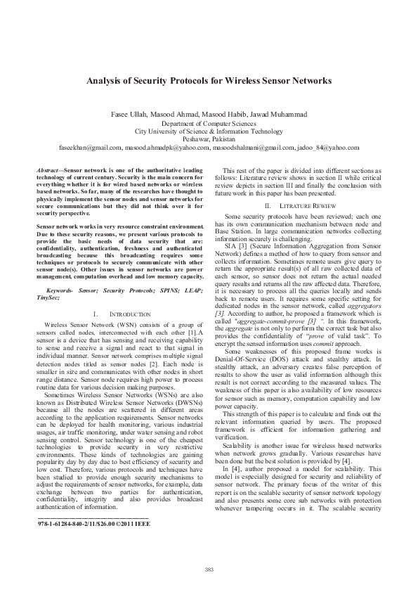 (PDF) Analysis of security protocols for Wireless Sensor Networks