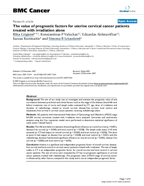(PDF) The value of prognostic factors for uterine cervical cancer ...