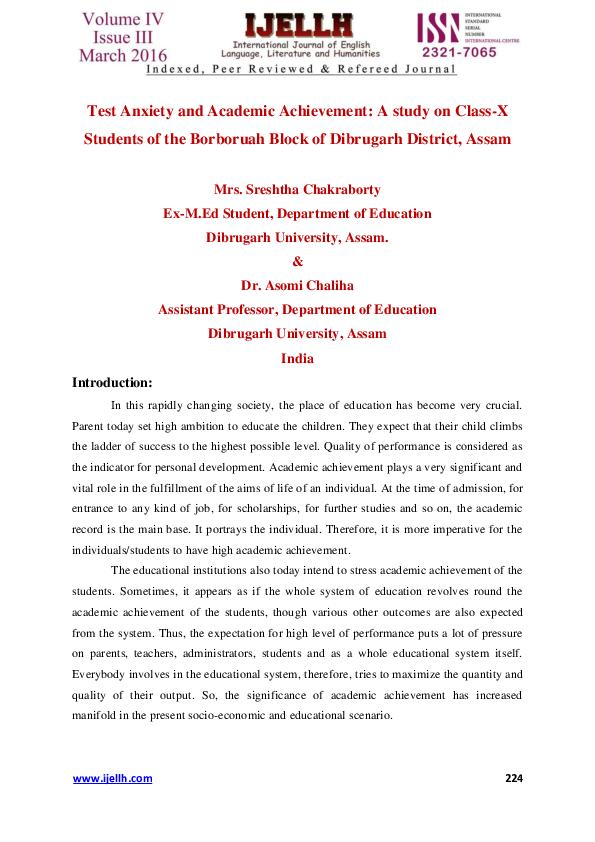 (PDF) Test Anxiety and Academic Achievement: A study on Class-X ...
