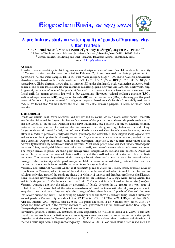 (PDF) A preliminary study on water quality of ponds of Varanasi city ...