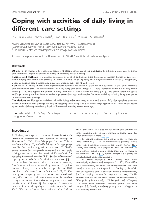 (PDF) Coping with activities of daily living in different care settings