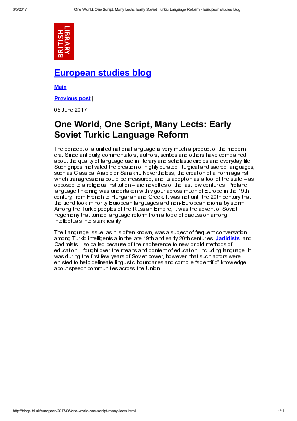 (PDF) One World, One Script, Many Lects: Early Soviet Turkic Language ...
