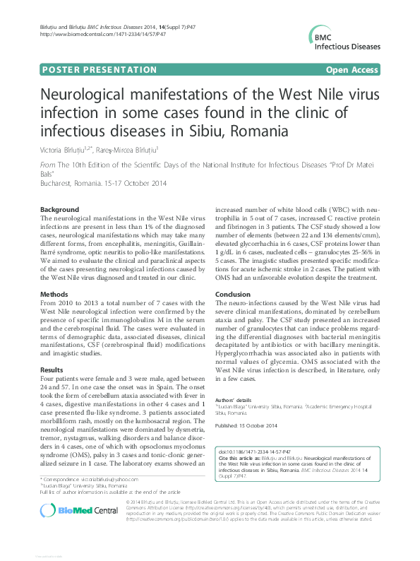 (PDF) Neurological manifestations of the West Nile virus infection in ...