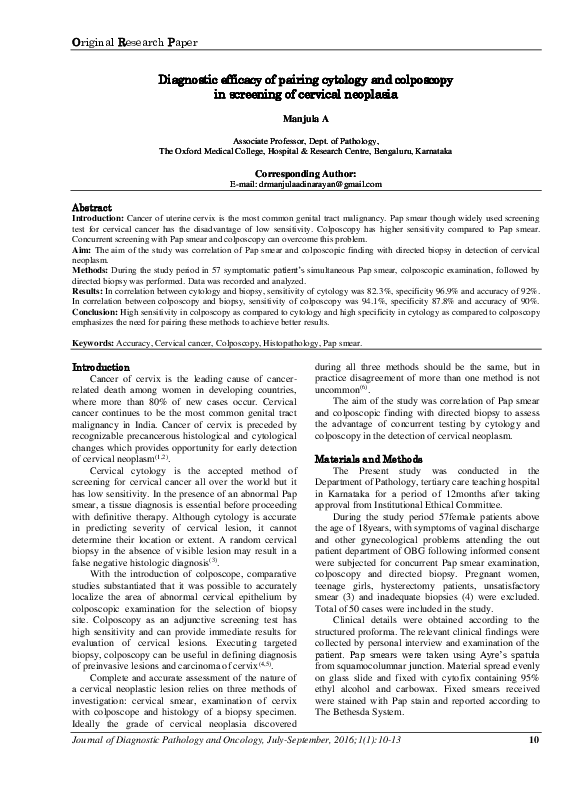 (PDF) Diagnostic efficacy of pairing cytology and colposcopy in ...