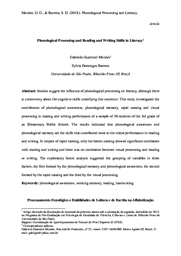 (PDF) Phonological Processing and Reading and Writing Skills in Literacy 1