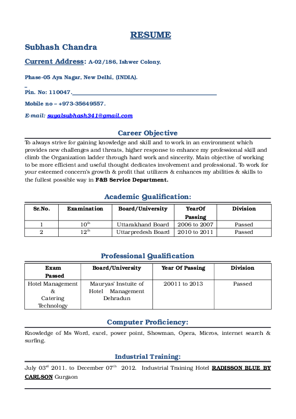 (DOC) RESUME Subhash Chandra Career Objective Computer Proficiency Subhash Suyal Academia.edu