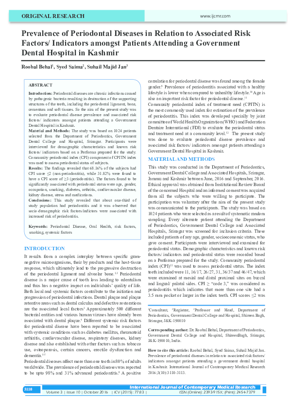 (PDF) Prevalence of Periodontal Diseases in Relation to Associated Risk ...