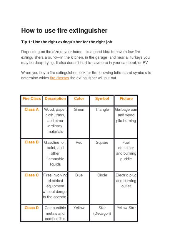(DOC) How to use fire extinguisher Tip 1 Use the right extinguisher