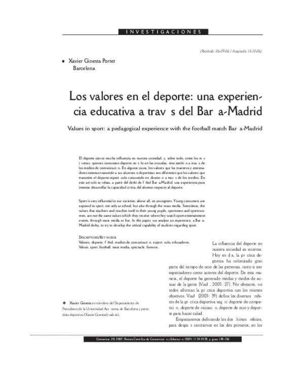 (PDF) Los valores en el deporte. Una experiencia educativa a través del ...