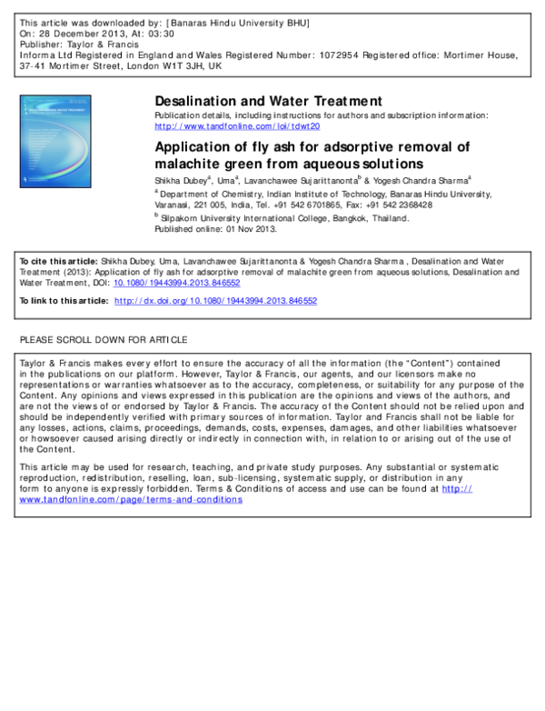 (PDF) Application of fly ash for adsorptive removal of malachite green ...