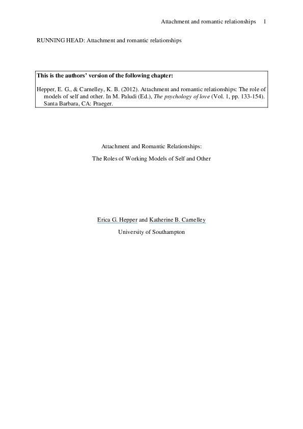 (PDF) Attachment and romantic relationships: the roles of working ...