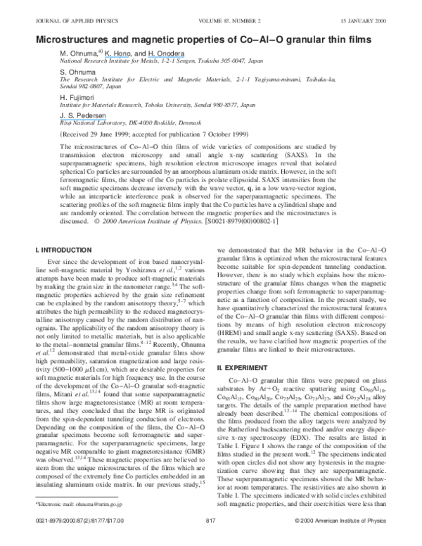 (PDF) Microstructures and magnetic properties of Co–Al–O granular thin ...