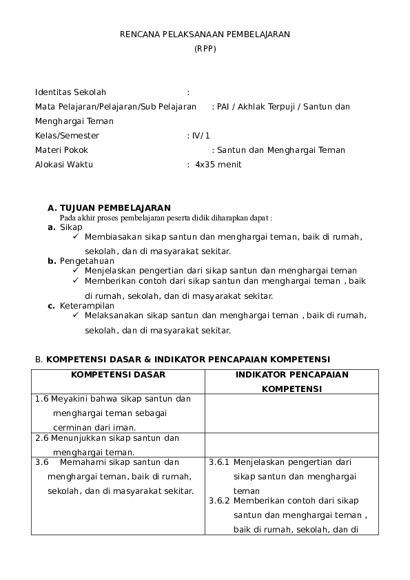 (DOC) RPP PAI Kelas IV Semester 1 Akhlak Terpuji, Hormat
