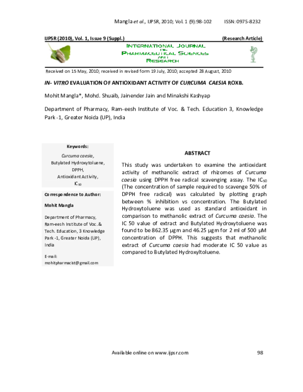 (PDF) IN-VITRO EVALUATION OF ANTIOXIDANT ACTIVITY OF CURCUMA CAESIA ROXB