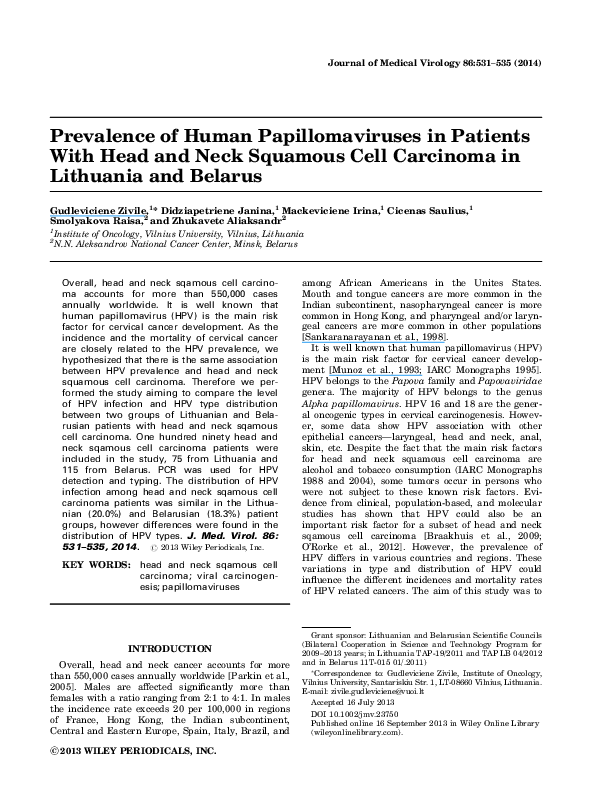 (PDF) Prevalence of human papillomaviruses in patients with head and ...