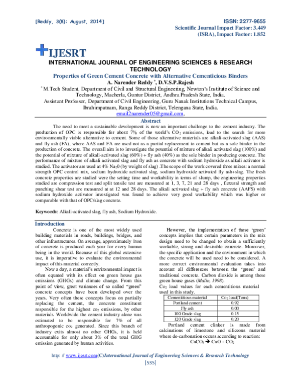(PDF) Properties of Green Cement Concrete with Alternative Cementicious Binders Rajesh