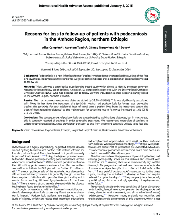 (PDF) Reasons for loss to follow-up of patients with podoconiosis in ...