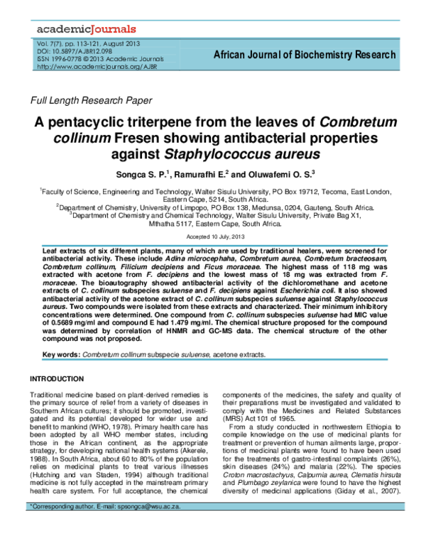 (PDF) A Pentacyclic Triterpene From Combretum Collinum shows ...