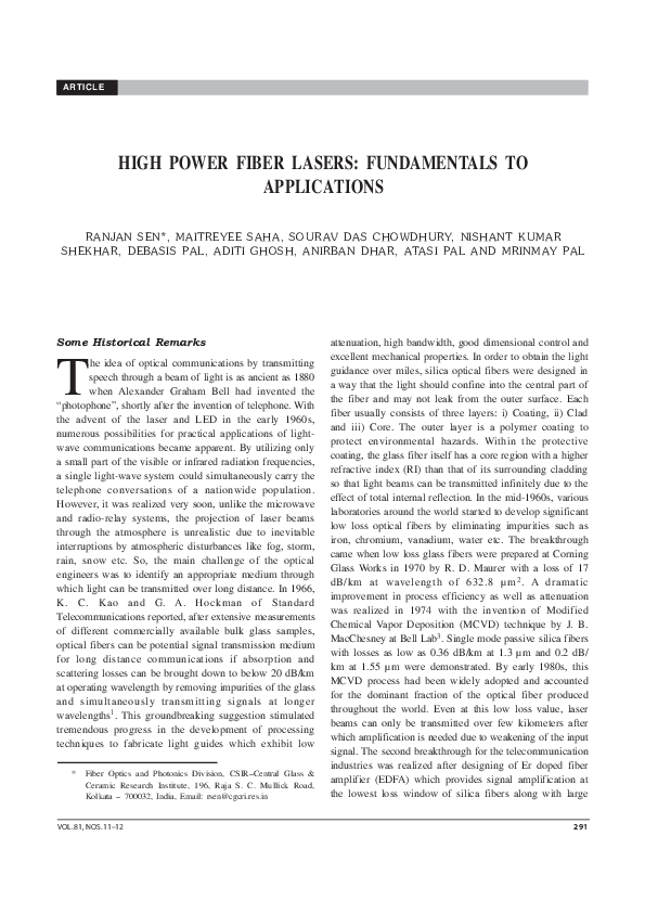 (PDF) HIGH POWER FIBER LASERS: FUNDAMENTALS TO APPLICATIONS