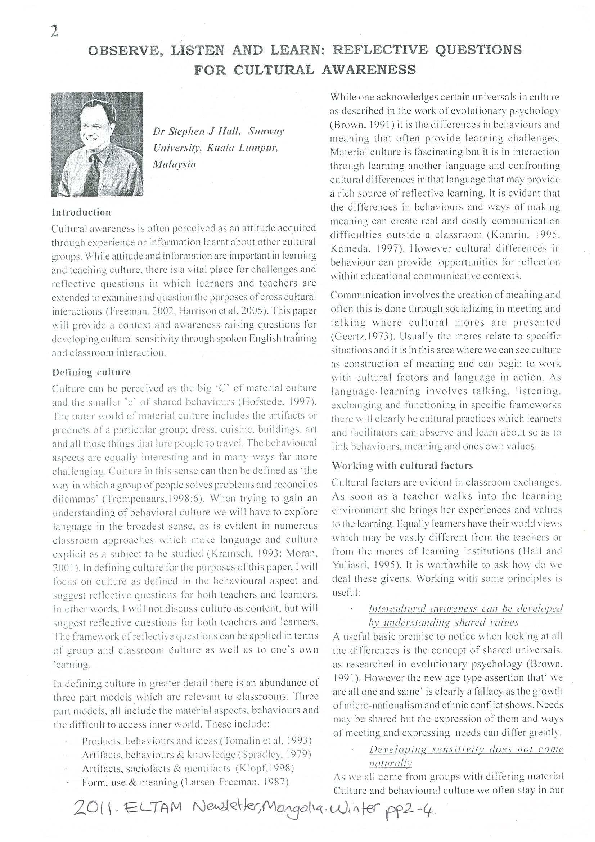 (PDF) Observe, Listen and Learn: Reflective Questions for Cultural ...