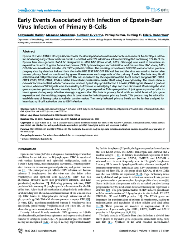(PDF) Early Events Associated with Infection of Epstein-Barr Virus ...