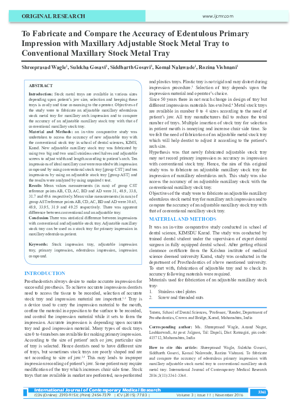 pdf to fabricate and compare the accuracy of edentulous primary impression