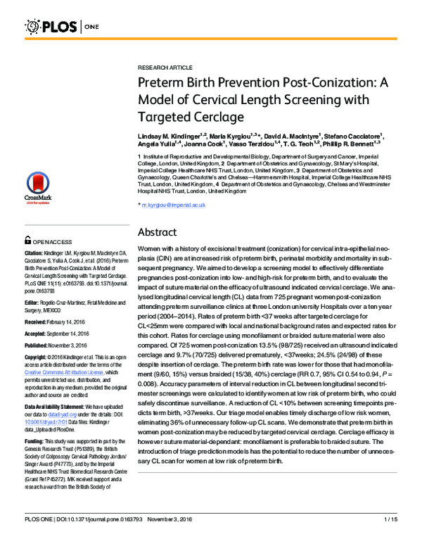 (PDF) Preterm Birth Prevention Post-Conization: A Model of Cervical ...