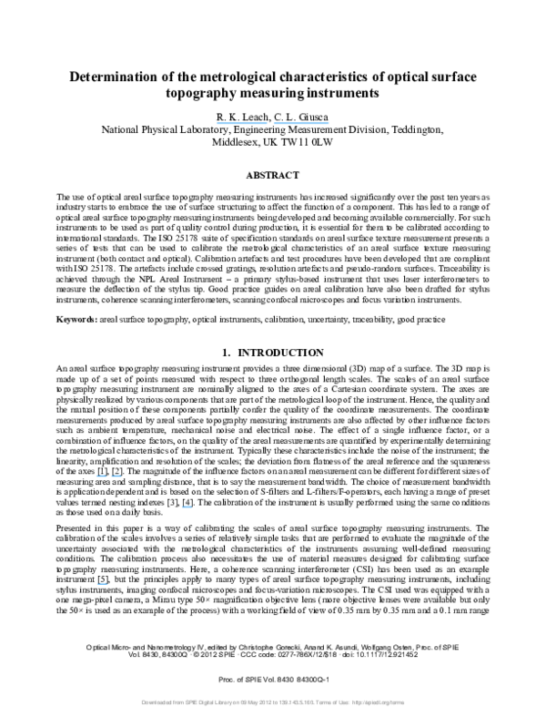 (PDF) Determination of the metrological characteristics of optical