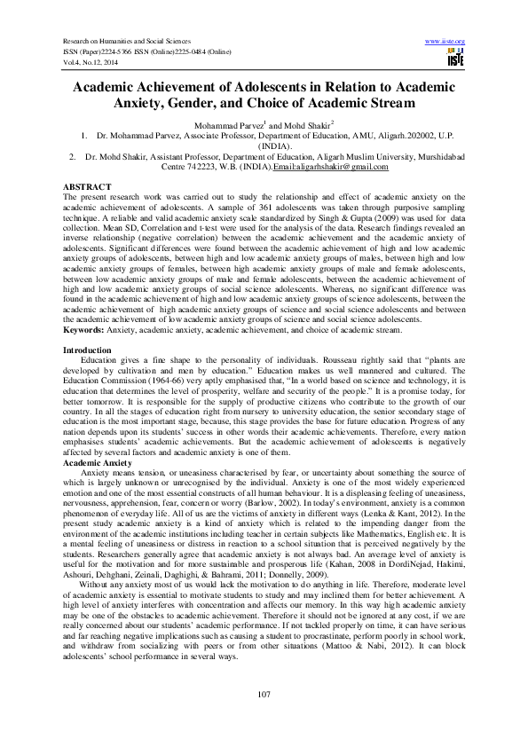 (PDF) Academic Achievement of Adolescents in Relation to Academic ...