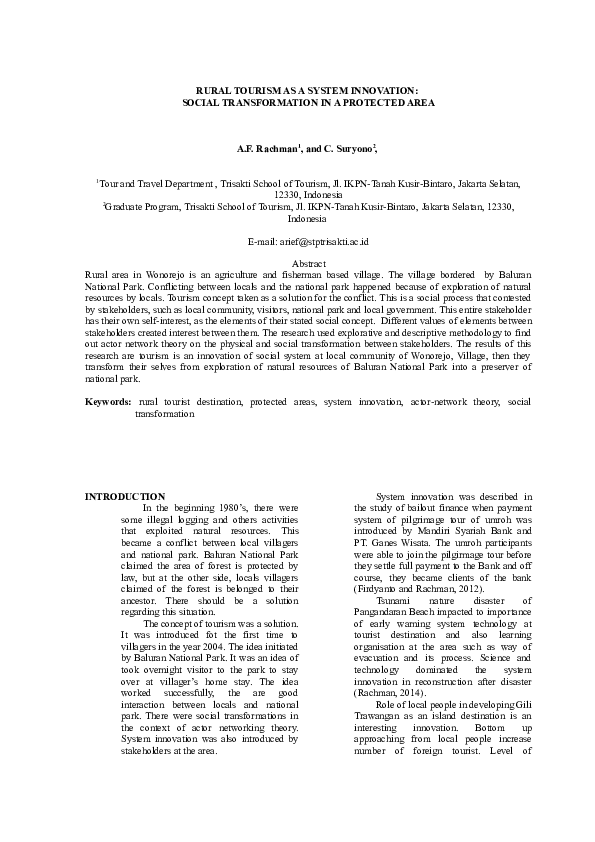 (DOC) RURAL TOURISM AS A SYSTEM INNOVATION A SOCIAL TRANSFORMATION IN A ...