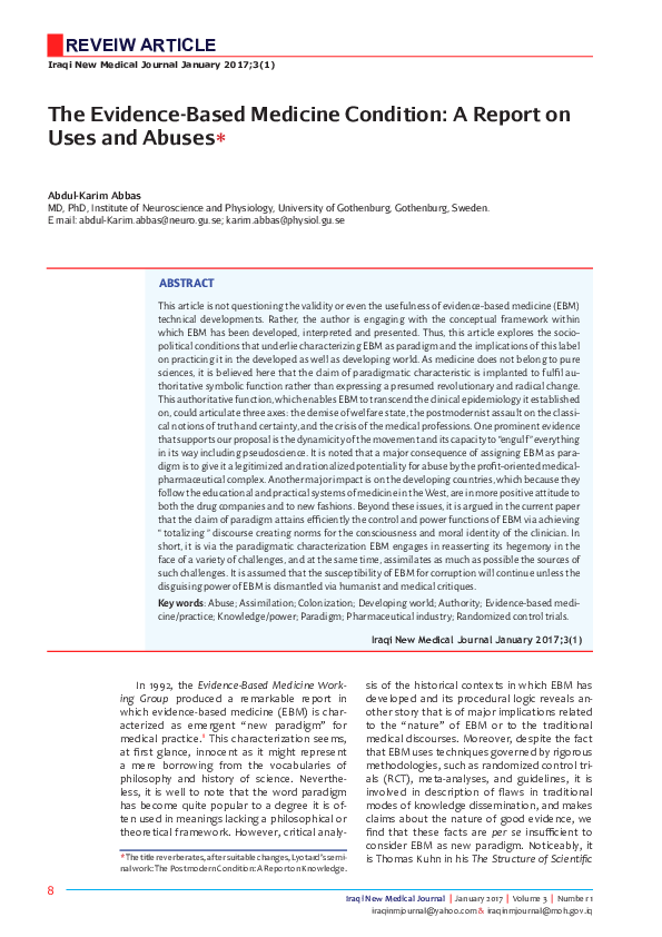 (PDF) The EvidenceBased Medicine Condition A Report on Uses and