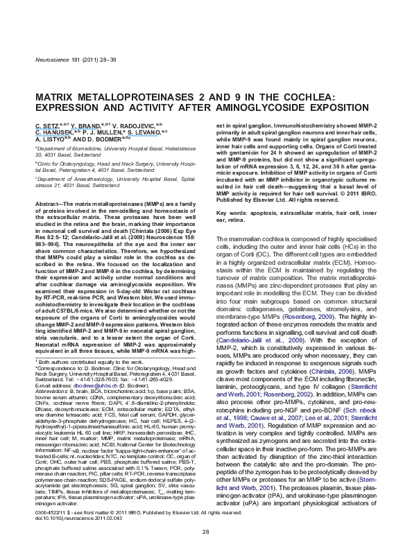 (PDF) Matrix metalloproteinases 2 and 9 in the cochlea: expression and ...