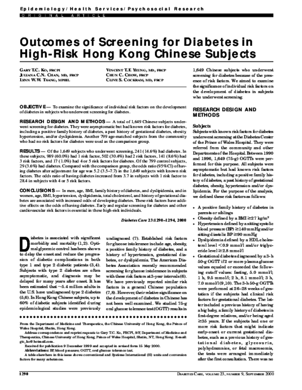 (PDF) Outcomes of screening for diabetes in high-risk Hong Kong Chinese ...
