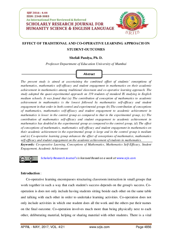 (PDF) EFFECT OF TRADITIONAL AND CO-OPERATIVE LEARNING APPROACH ON ...
