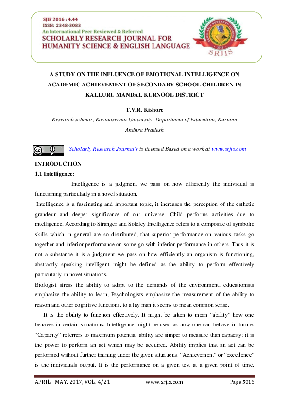 (PDF) A STUDY ON THE INFLUENCE OF EMOTIONAL INTELLIGENCE ON ACADEMIC ...