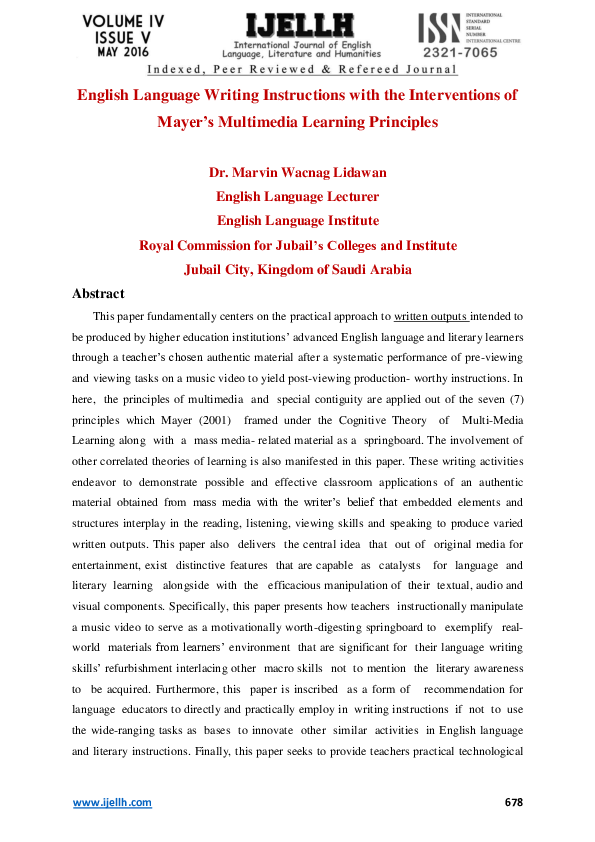 (PDF) English Language Writing Instructions with the Interventions of Mayer’s Multimedia