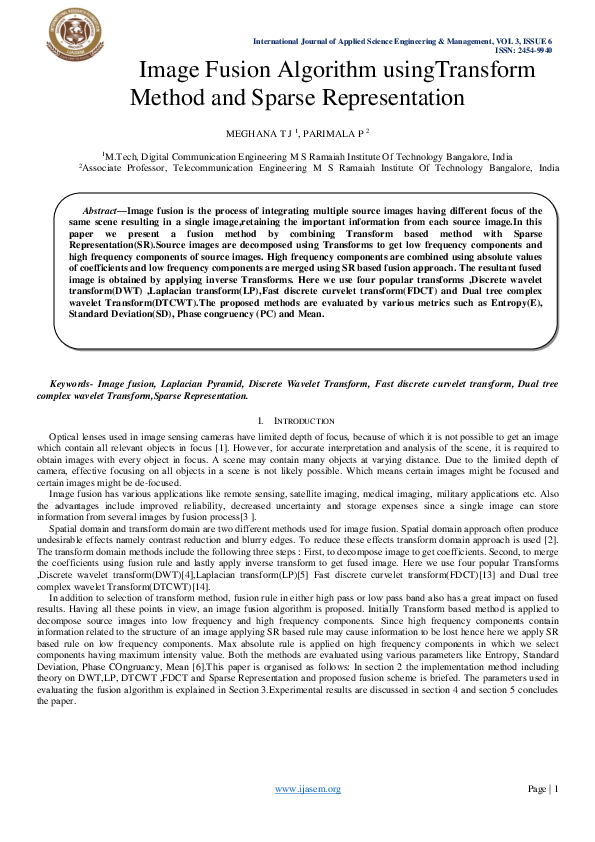 (PDF) Image Fusion Algorithm usingTransform Method and Sparse ...