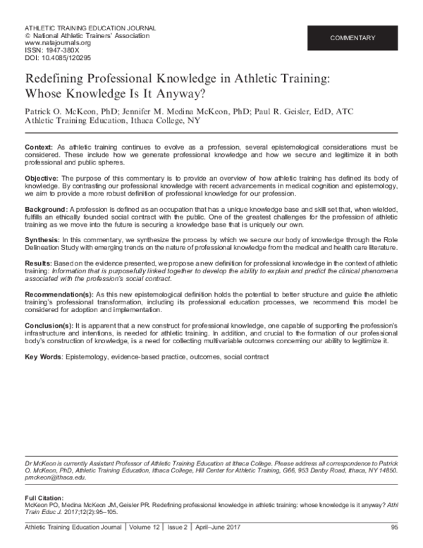 (PDF) Redefining Professional Knowledge in Athletic Training: Whose ...