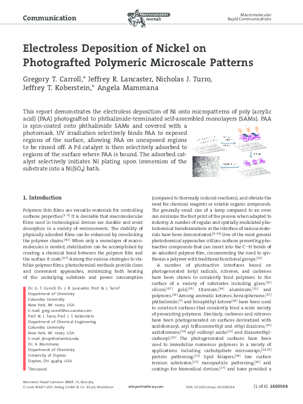 (PDF) Electroless Deposition of Ni on Photografted Polymeric Microscale ...