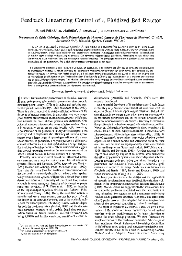 (PDF) Feedback linearizing control of a fluidized bed reactor