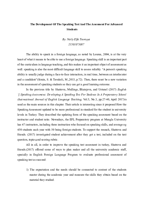 The Development Of The Speaking Test And The Assesment For Advanced