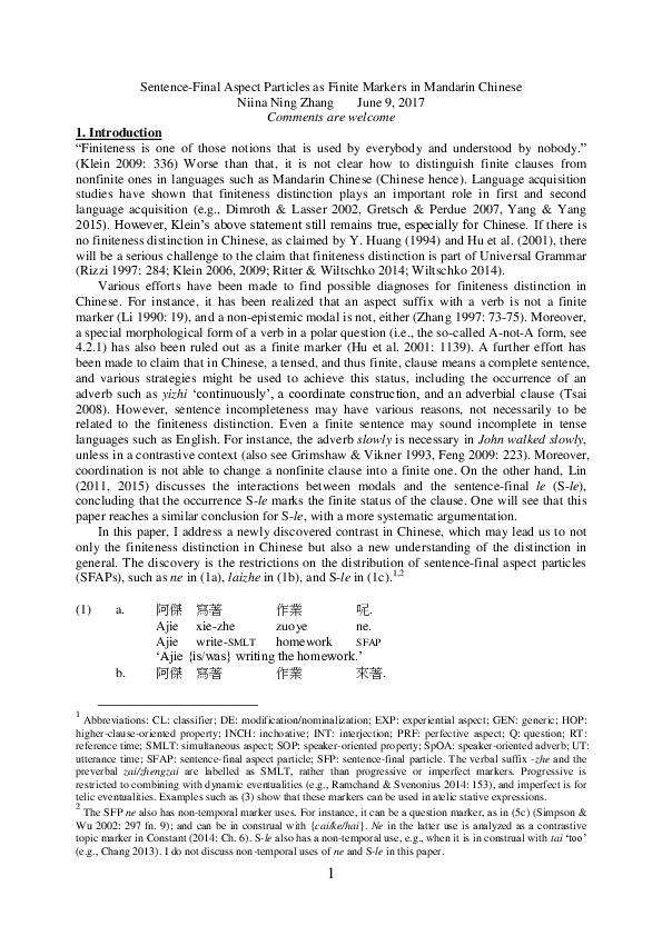 (PDF) SentenceFinal Aspect Particles as Finite Markers in Mandarin